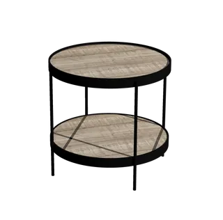 Round two-tier wooden side table with black metal legs