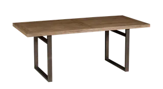 Long wooden dining table with dark rectangular legs