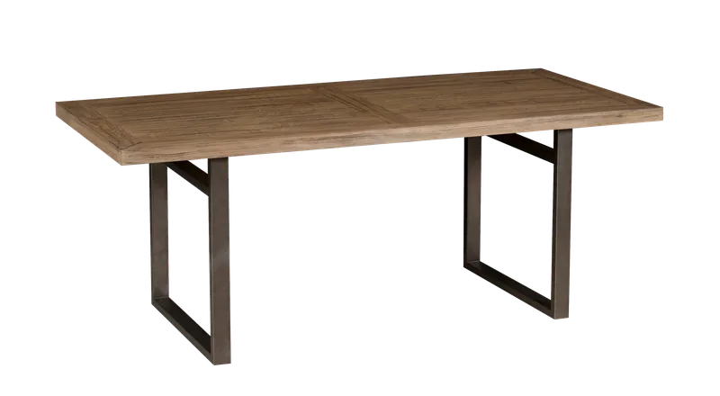 Long wooden dining table with dark rectangular legs