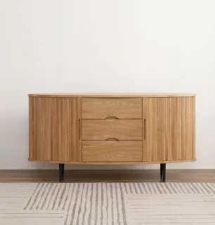 Wooden sideboard with slatted doors and three drawers on tapered legs