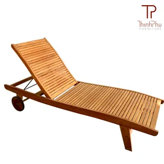 Wooden slatted sun lounger with adjustable back and wheels