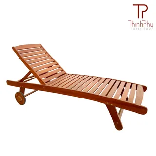 Wooden slatted sun lounger with adjustable back and wheels