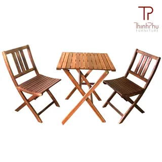 Wooden folding bistro table with two matching chairs