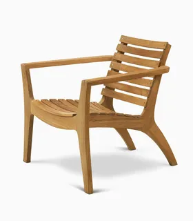 Wooden armchair with slatted back and curved legs