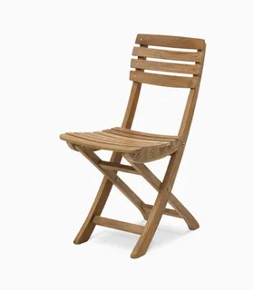 Wooden slatted folding chair photographed against a white background