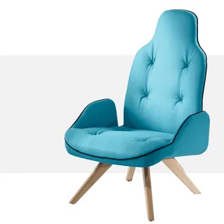 Blue upholstered lounge chair with wooden legs