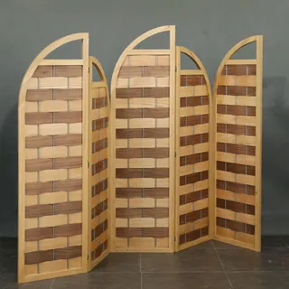 Four-panel wooden folding room divider with alternating wood slats