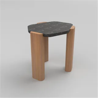 Small wooden side table with a rounded dark stone-like top