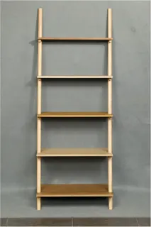 Tall wooden ladder shelf with five shelves