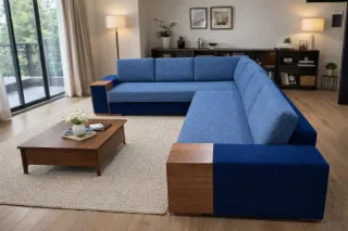 Blue L-shaped sectional sofa with wooden arm details in a living room.