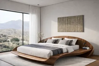 Contemporary wooden platform bed with curved headboard and matching bedside tables.
