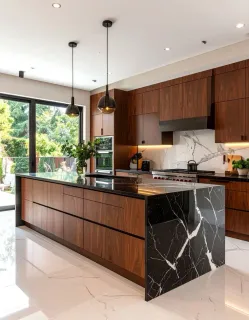 Walnut kitchen with central island, dark stone panels and pendant lights.