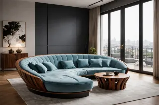 Curved blue sectional sofa and sculptural wooden coffee table in a living room.