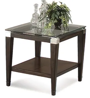 Dark wooden square side table with a glass top and lower shelf