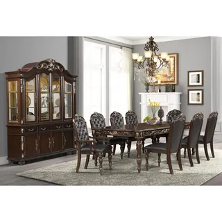 Traditional dark wood dining table, chairs and glass-front display cabinet