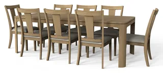 Large light wood dining table with eight matching chairs