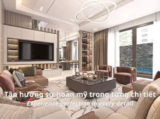 Contemporary living room with fitted media wall, sofa and armchairs