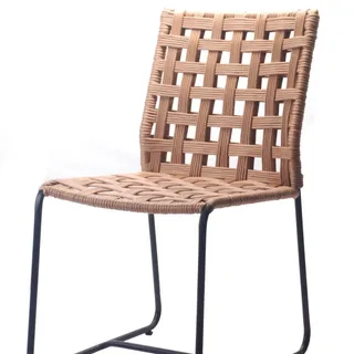 Woven rattan chair with a square lattice back and black metal legs