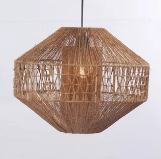 Geometric woven rattan pendant light with a visible bulb