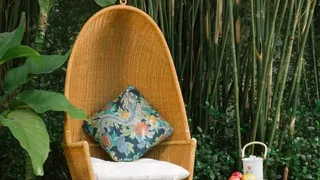 Hanging woven lounge chair with patterned cushion in a garden