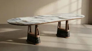 Oval marble-top dining table with sculptural wooden legs.