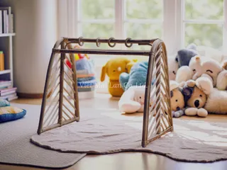 Woven rattan baby play gym on a rug in a bright room