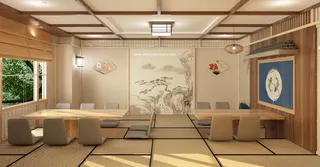 Japanese-style dining room with tatami flooring, wood paneling, low tables, and upholstered chairs.