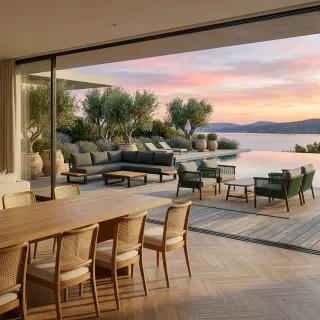 Outdoor patio with wooden dining table, woven chairs, sofa and lounge chairs beside a lake