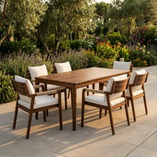 Wooden outdoor dining table with six upholstered armchairs in a landscaped garden