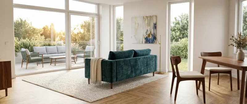 Bright living room with sofa, armchairs, dining table and chairs beside large windows