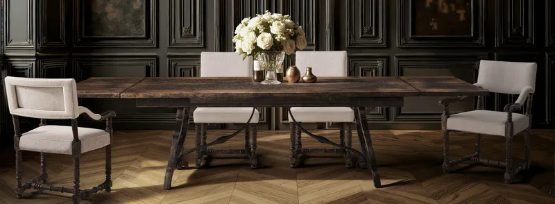 Dark wood dining table with upholstered chairs in an elegant interior.