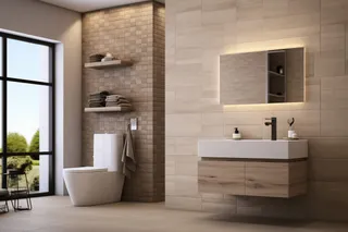 Bathroom vanity with wood drawers, wall mirror, basin and tiled walls