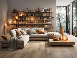 Living room with sectional sofa, shelving wall and wooden coffee table