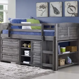 Gray wooden loft bed with ladder, drawers, shelves, and storage compartments.