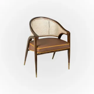 Wooden accent chair with cane back and brown upholstered seat