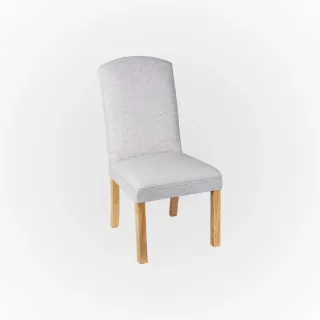 Light gray high-back upholstered chair with wooden legs