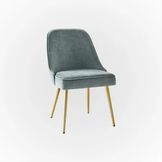 Gray upholstered chair with slim gold-colored metal legs