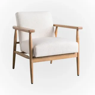 White upholstered armchair with wooden frame and armrests