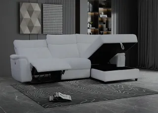 White reclining sectional sofa with chaise in a modern living room