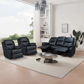 Black reclining sofa and two matching recliner chairs