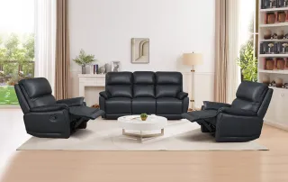 Black leather sofa and two reclining chairs arranged in a living room