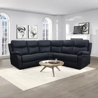 Black reclining corner sectional sofa in a bright living room