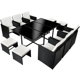 Black wicker outdoor dining set with table, chairs and stools