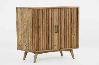 Reclaimed wood cabinet with vertical plank doors and angled legs.