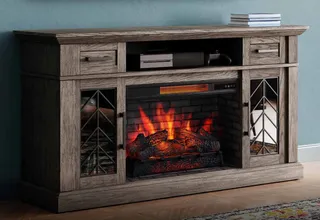Wood TV console with glass doors, media shelves and electric fireplace