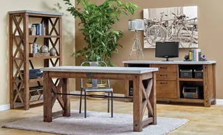 Wood home office furniture including desks, shelving and storage cabinets