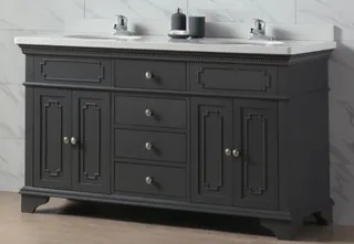 Dark gray bathroom vanity with drawers, doors and white countertop