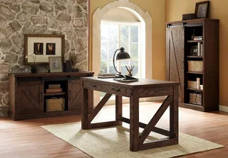 Wood desk with matching sideboard and tall shelving cabinet