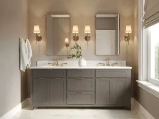 Gray double bathroom vanity with marble countertop, mirrors and wall sconces