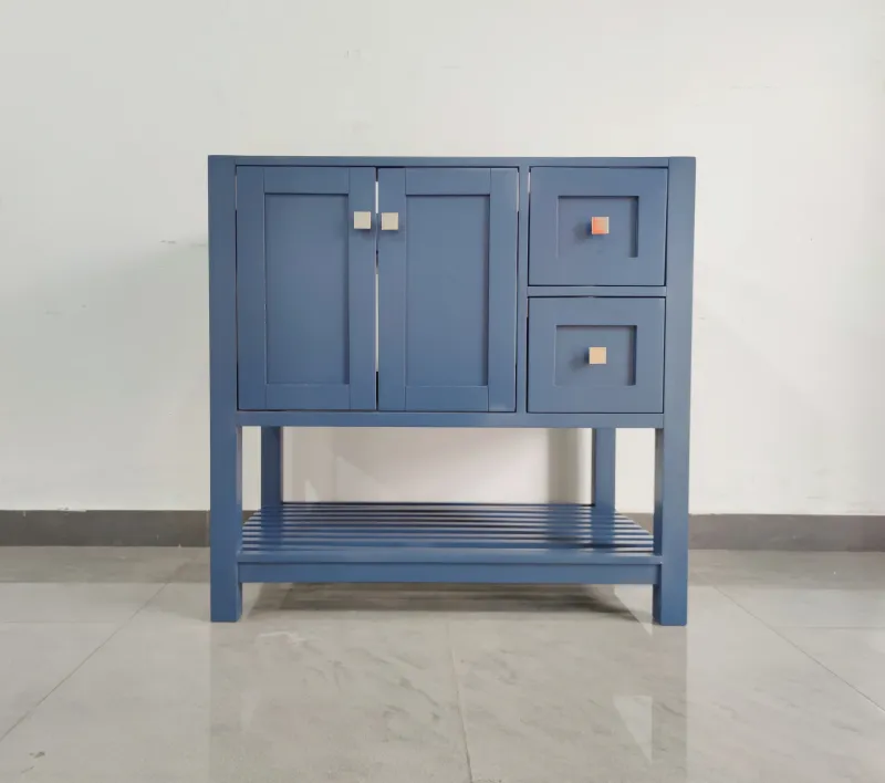 Blue painted sideboard with paneled doors, drawers and an open lower shelf